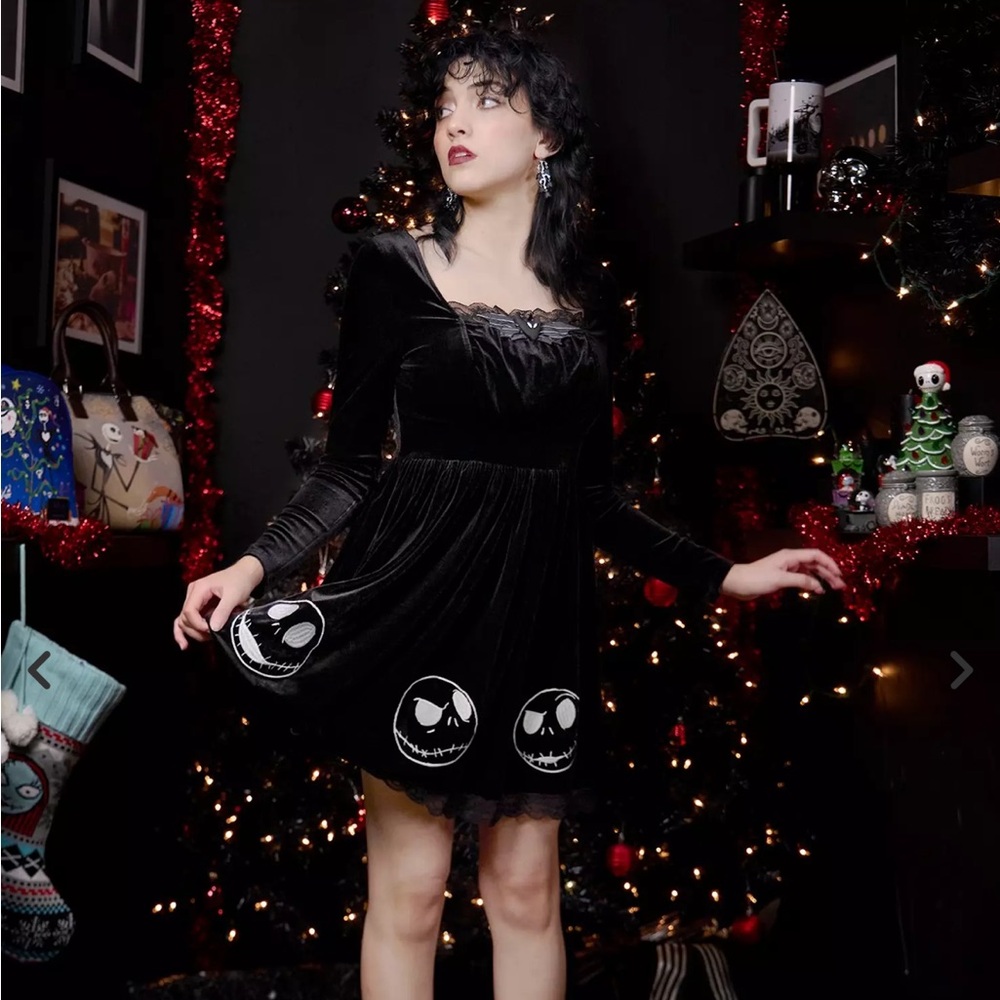 Nightmare Before Christmas Black Velvet Dress with Skull Accents